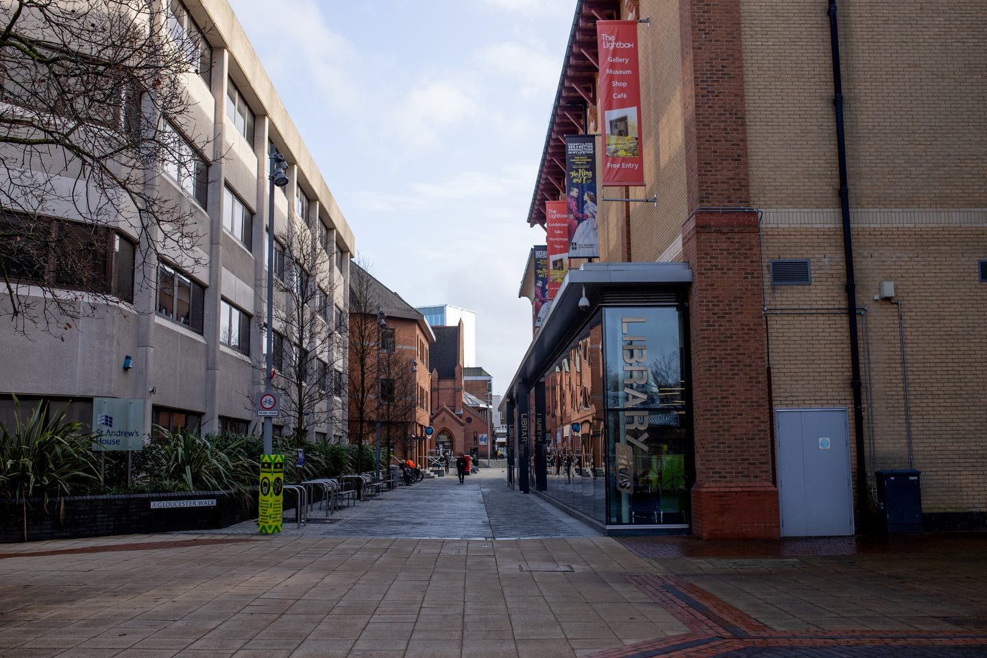 Woking town centre - the Lightbox, the library and offices on Gloucester Walk